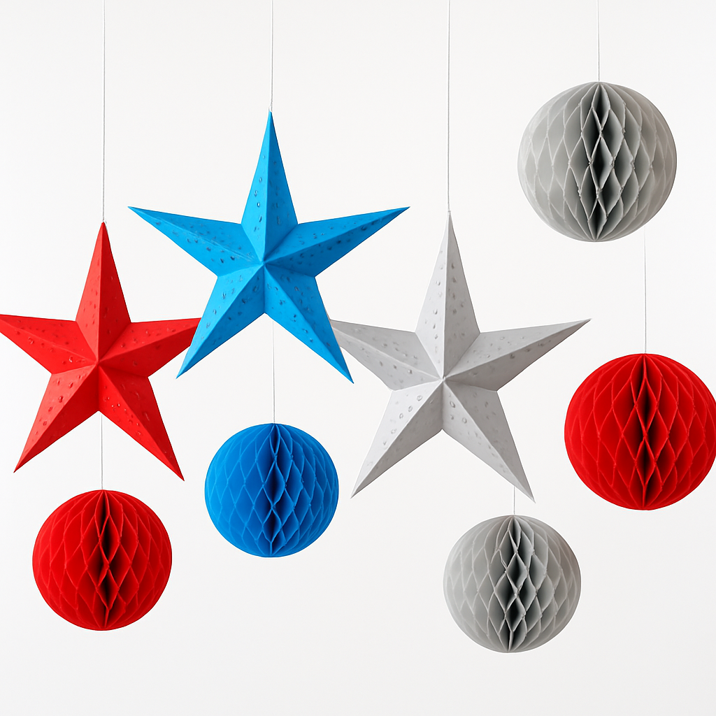 Paper star and honeycomb hanging decorations