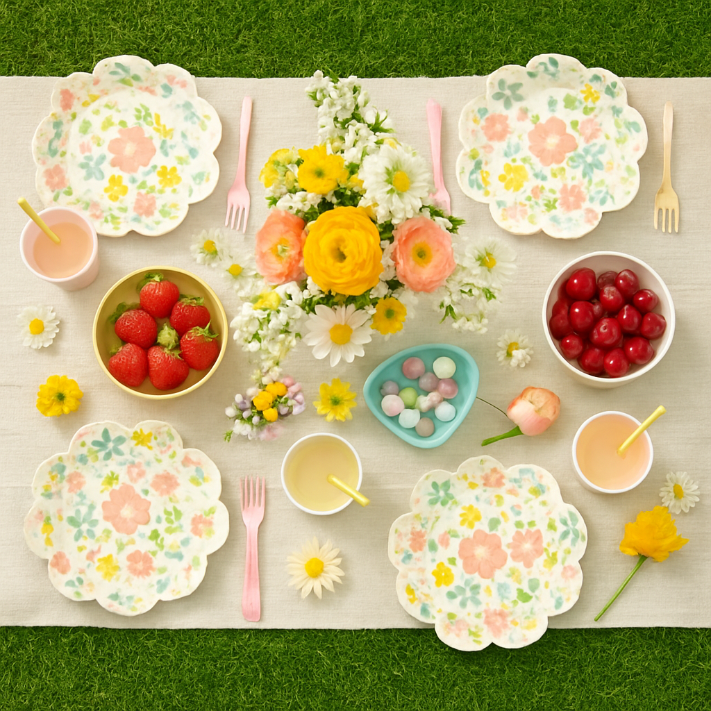 A whimsical children's party table set with floral plates, flowers and pastel tableware